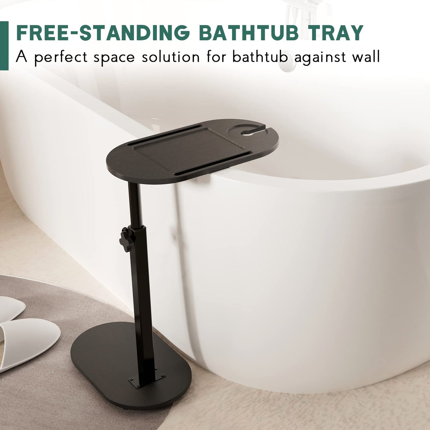 Yumkfoi Bamboo Bathtub Tray Table with Adjustable Height, Freestanding Bathtub Caddy for Tub Against Wall, Tub Organizer Suitable for Luxury Spa and House Warming - Patent Protected (Black)