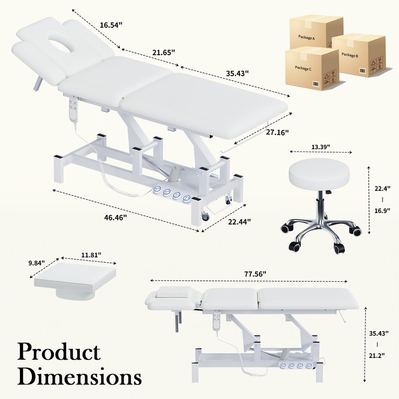 2-Motor Electric Massage Treatment Table w/ Wheels, 3-Section Angle & Height Adjustable, Professional Spa Esthetician Bed for Facial, Tattoo, Waxing, Physical Therapy & Medical Exam Table w/ Stool