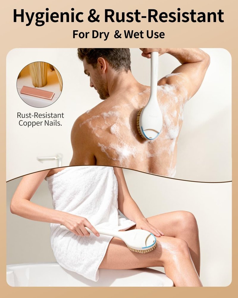 BUBBLEDANCE® Natural Boar Bristle Back Scrubber – 4X Scrubbing Power, Extendable Long Handle (17.5"-31.9") for Deep Exfoliation & Dry Brushing – 1.3X Wider Head, Anti-Slip Shower Brush for Men & Women