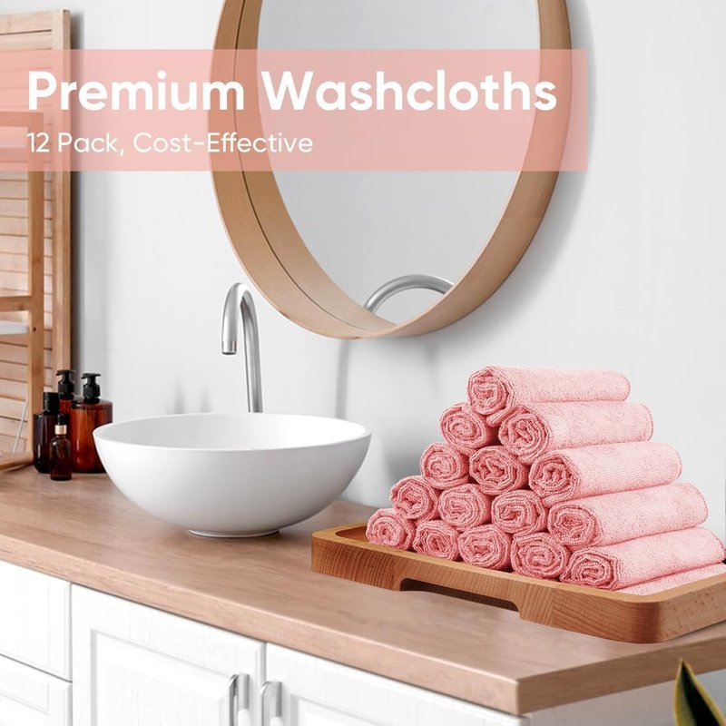 HOMEXCEL Microfiber Washcloths - 12 Pack of Soft, Highly Absorbent Face Towels | Multi-Purpose, 12x12 Inch, Pink