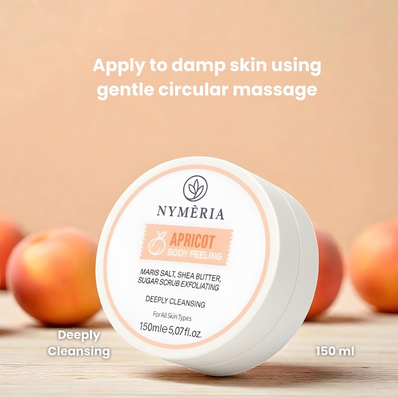 NYMERIA Apricot Body Peeling – Exfoliating Sugar & Salt Body Scrub with Shea Butter & Hyaluronic Acid, Deep Cleansing & Hydrating Formula for Smooth, Glowing Skin, 5 fl oz / 150 ml