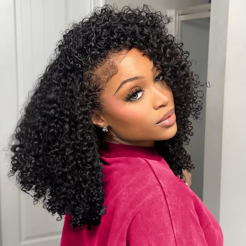 QUANDIAN Kinky Curly Half Wig Human Hair 26 Inch Wear Go Glueless Wigs Human Hair 200% Density Curly Half Wigs for Black Women Human Hair Afro Curly Drawstring Seamless Flip Wig Invisible Hairline