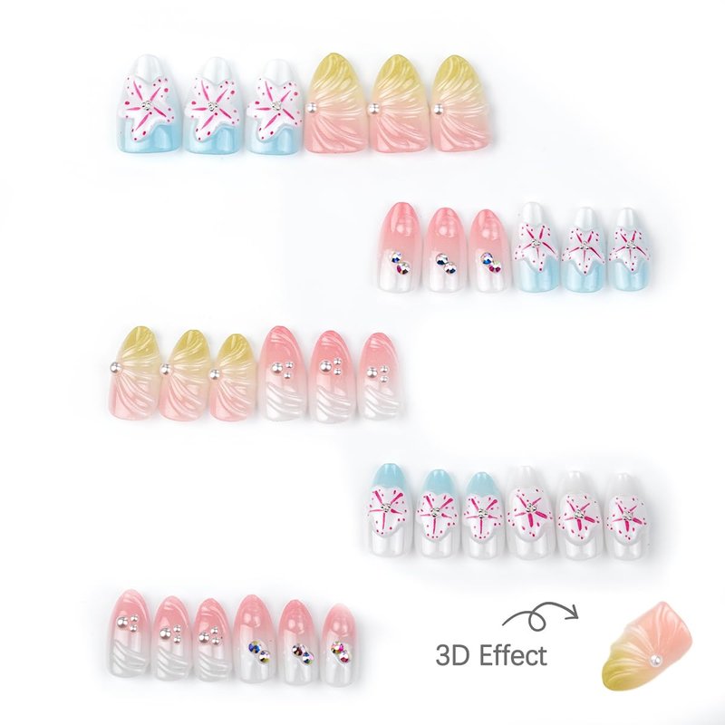 Skiennix 3D Flower Press On Nails - Handmade Pink & Blue Almond Nails with Pearl & Rhinestone | Reusable Acrylic for Spring/Summer Parties