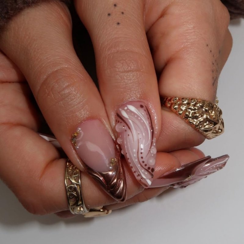 Skiennix French Tips Press-On Nails - Medium Almond Shape with 5D Flower Charm Design | Glossy Brown, 24 Pcs