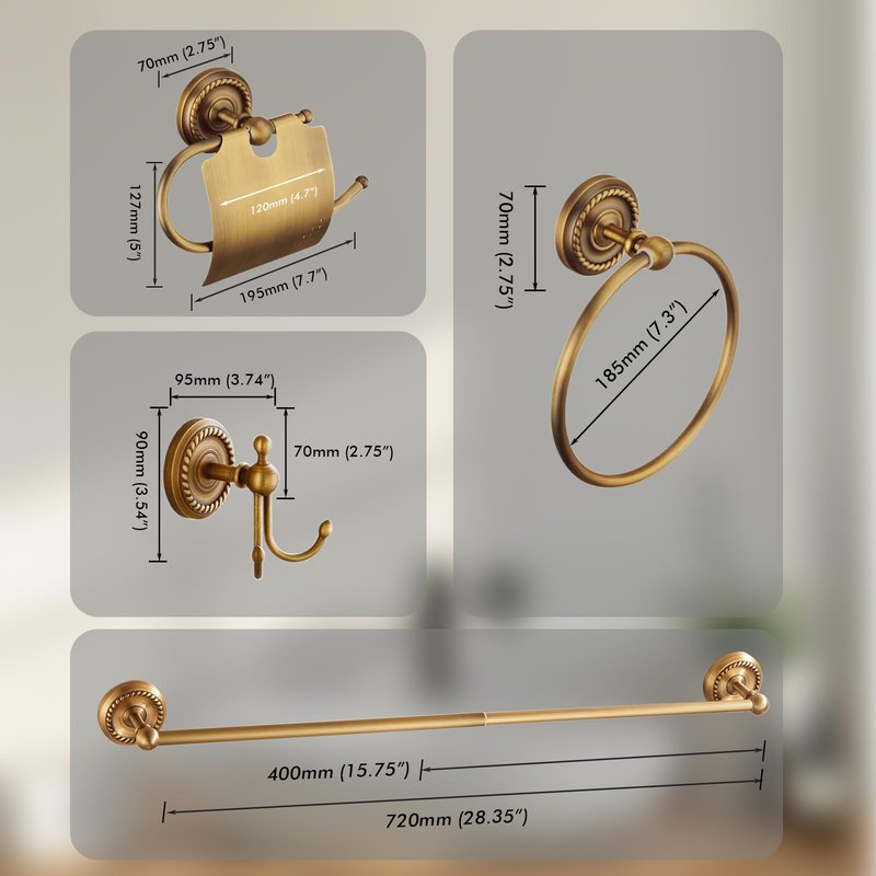 Antique Brass Bathroom Accessories Setret ractable Wall-Mounted Towel Rack & Towel Ring & Toilet Paper Holder & Robe Hook, 4-Piece Vintage Bath Hardware Fixture Set