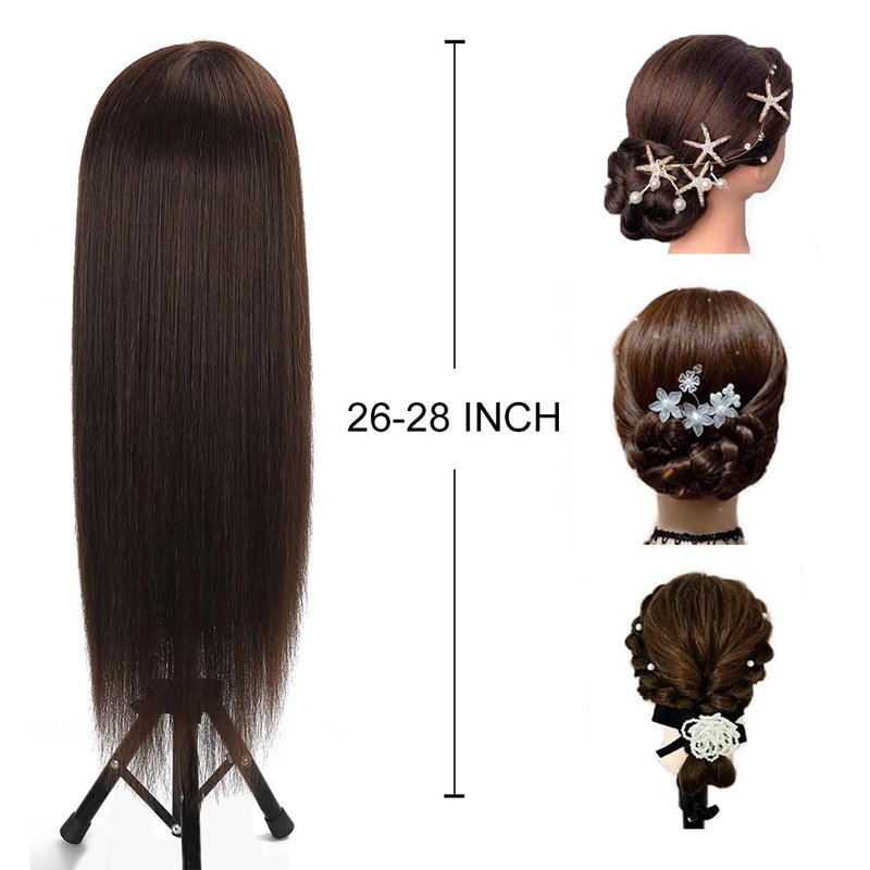 Opini 26 Inch Mannequin Head 80% Real Human Hair Styling Mannequin Doll Head Human Hair for Hairdresser Practice Hair and Makeup With Free Clamp (#4 No Makeup)