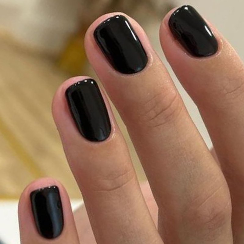 GLAMERMAID Black Extra Short Press on Nails, Natural Pure Black Fake Nails Short Squoval, Dark Gothic Square Soft Gel Glue on Nails, Acrylic False Nails, Opaque Glossy Round Emo Fake Nails for Women