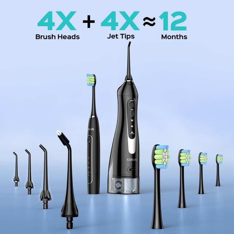 COSLUS C20 & C41 Portable Water Flosser with Electric Toothbrush Combo: 2-in-1 Oral Clean Kit for Teeth, Braces, Gums Care - Brushing & Flossing for Adults, Family, Travel Use, BPA-Free, Black