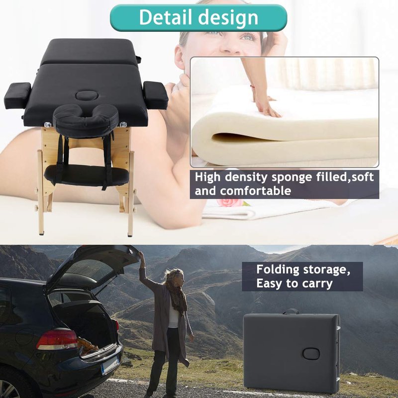 Dkeli Portable Massage Table Spa Bed Folding 84 Inch Height Adjustable 2 Fold Massage Bed with Carry Case PU Leather Professional Facial Salon Tattoo Bed with Face Cradle, Hold Up to 450Lbs, Black