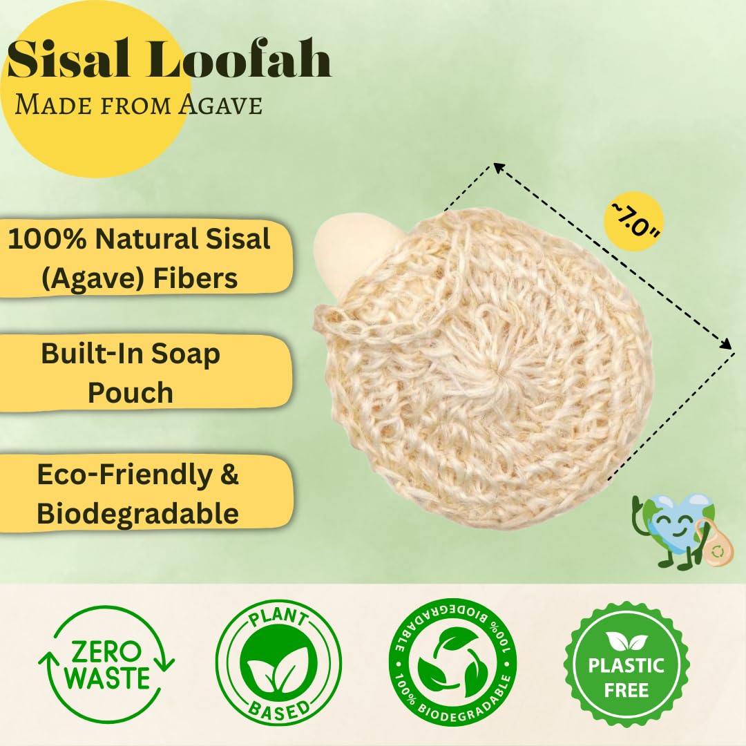 Natural Handwoven Sisal Loofah Body Scrubber - Organic Shower Sponge Made from Premium Agave Fibers - Arabic-Turkish Style with Bar Soap Pouch - Natural Body Scrubber for Men & Women (3-Pack)