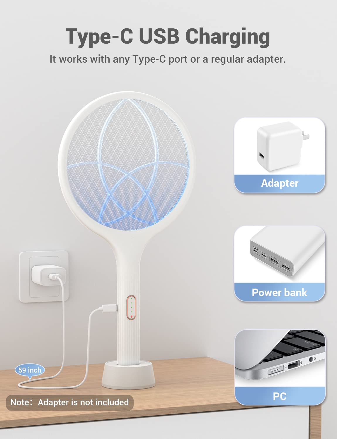 YISSVIC Electric Fly Swatter 4000V Bug Zapper Racket Dual Modes Mosquito Killer with Purple Mosquito Light Rechargeable for Indoor Home Office Backyard Patio Camping (2, White)