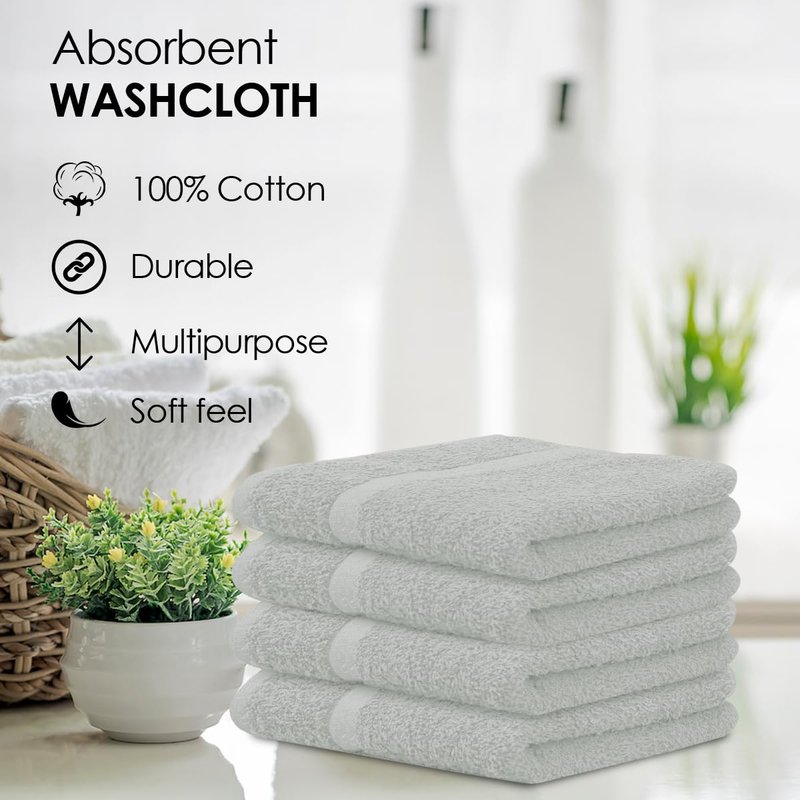 Avalon Towels Cotton Washcloths 24-Pack – 12 x 12 Inch Silver Super Soft & Absorbent Ring-Spun Cotton Wash Cloths for Face, Bath, Spa, Gym, Hotel & Cleaning