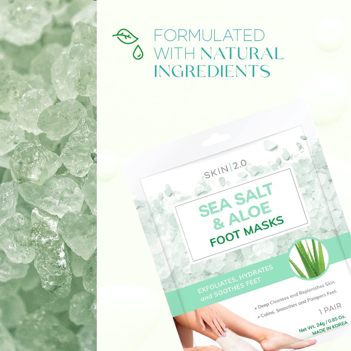 Skin 2.0 Sea Salt & Aloe Foot Masks - Cracked Heel Treatment, Soothing & Hydrating, Exfoliating Foot Mask - Dermatologist Tested Korean Skincare - Clean Beauty, Cruelty-Free, All Skin Types - 3 Pairs