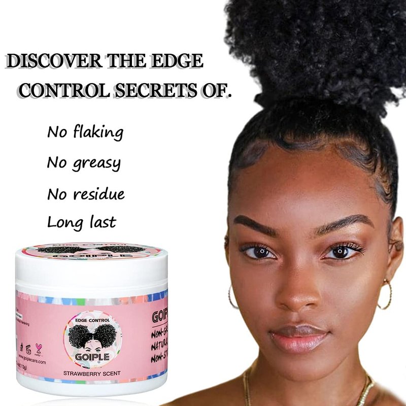 Goiple Edge Control Wax - Strong Hold Non-Greasy Smoother for Women | Strawberry Scent, 4oz + 2 Brushes + 2 Elastic Bands