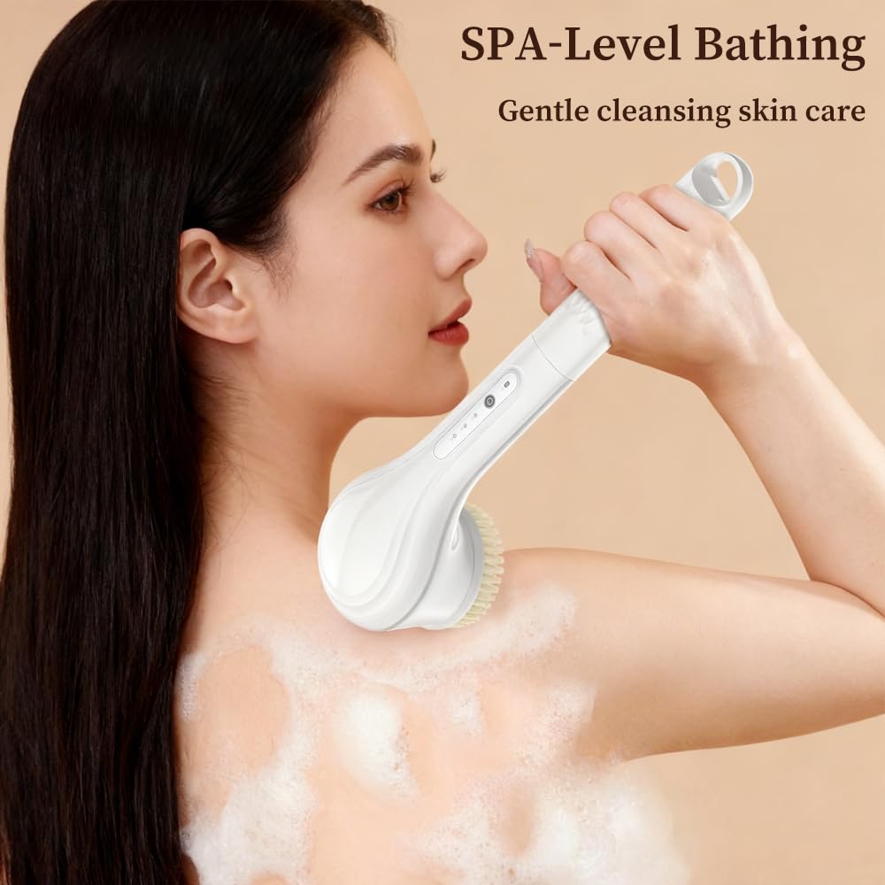 HomeBeyond Electric Body Brush Back Scrubber for Shower, Waterproof Rechargeable Bath Brush with 6 Heads, 3 Rotation Directions for Cleansing, Exfoliating & Massaging Skin