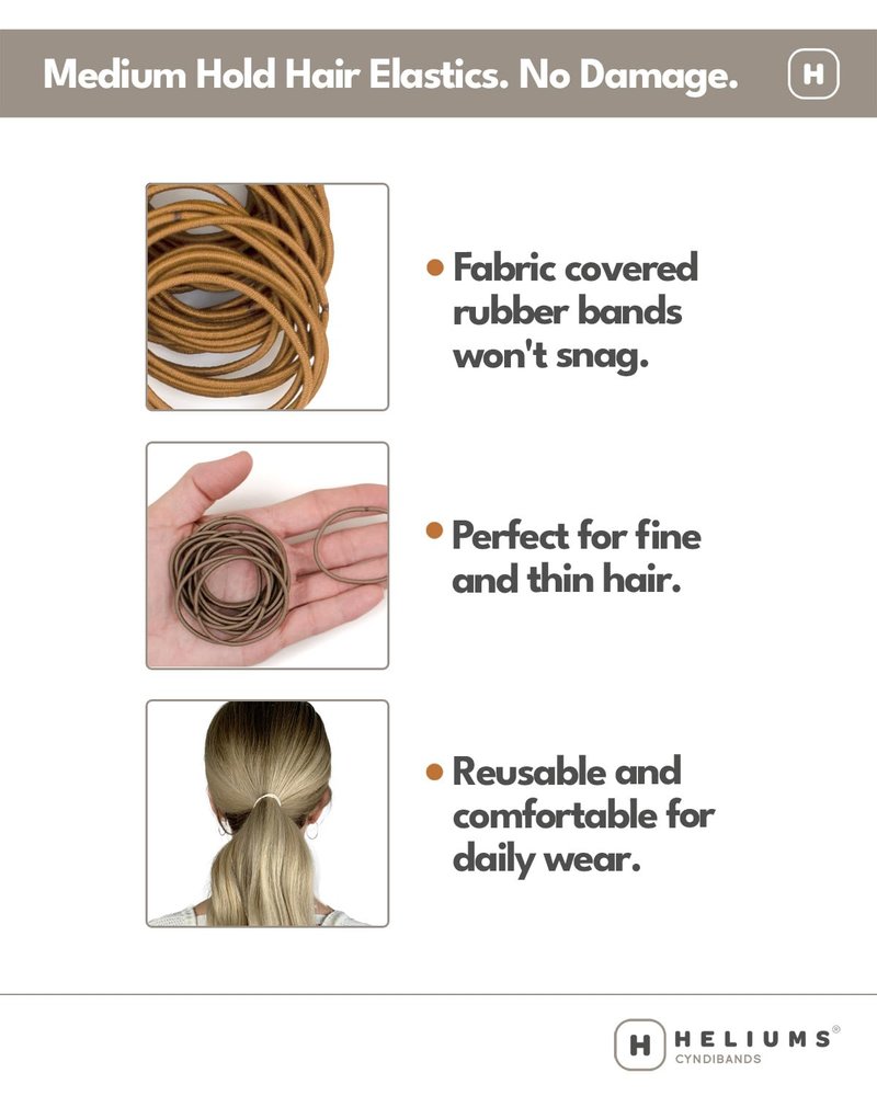 Heliums Thin Hair Elastics - Copper 2mm Ties for No Damage Ponytails | 40 Count, Medium Hold