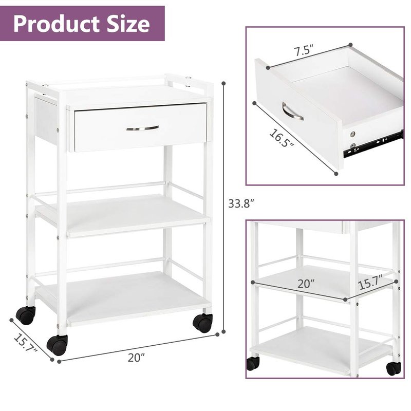 Salon Trolley Cart - Wooden Rolling Storage Station with 1 Drawer & 2 Trays | Mobile Utility Cabinet for Beauty & Spa, White