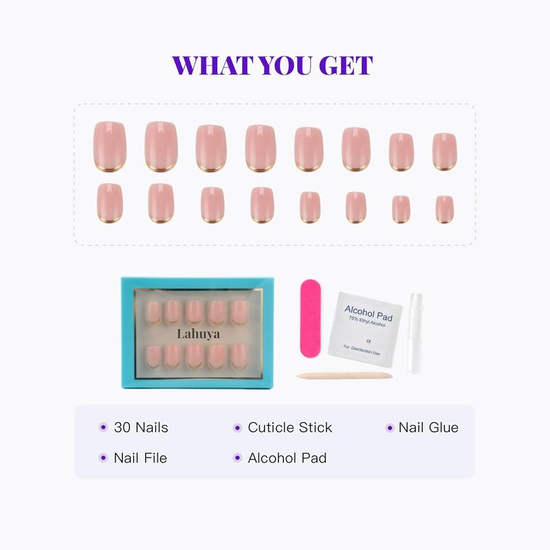 Press On Nails - Golden Standard | Nail Artist Designed Short Squoval Milky Pink Fake Nails with Minimalist Gold French Edge, Glossy Finish, Salon Quality | 15 Sizes - 30 Nail Kit with Glue