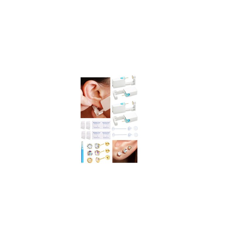 KRFY Ear Piercing Kit Sets, Disposable Stainless Steel Ear Piercing Gun with Preloaded Stud Earrings for Women, Self Pierce Studs Kit Tool, Flat Back Hoop Earrings Cartilage Jewelry Two Gold Plated