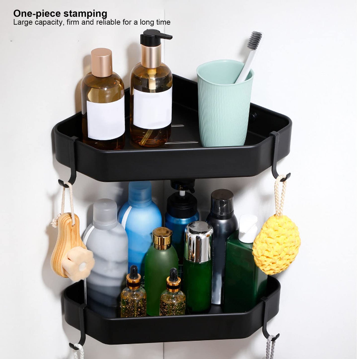 Topyond Shower Caddy, Aluminium Alloy Black Corner Shower Shelves, Durable Bathroom Organizer for Toilet Kitchen Dorm with 2 Hooks, Bath Decor
