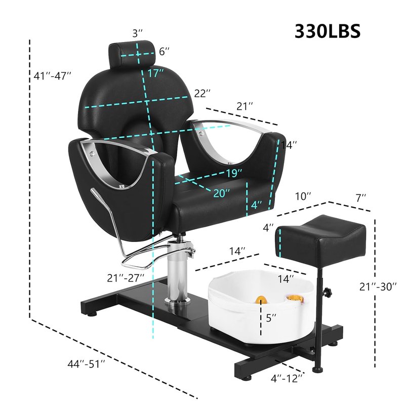 360° Swivel Pedicure Chair - Hydraulic Adjustable Height with Stool & Massage Foot Bath | Black & Silver