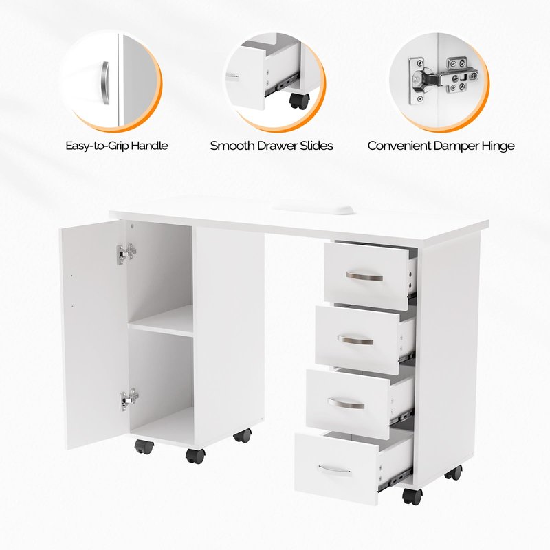 OmySalon Manicure Table Nail Desk w/Cabinet, Drawers, Wheels & Wrist Rest, Spa Salon Beauty Home Wooden Technician Workstation Nail Art Equipment for Nail Tech, White