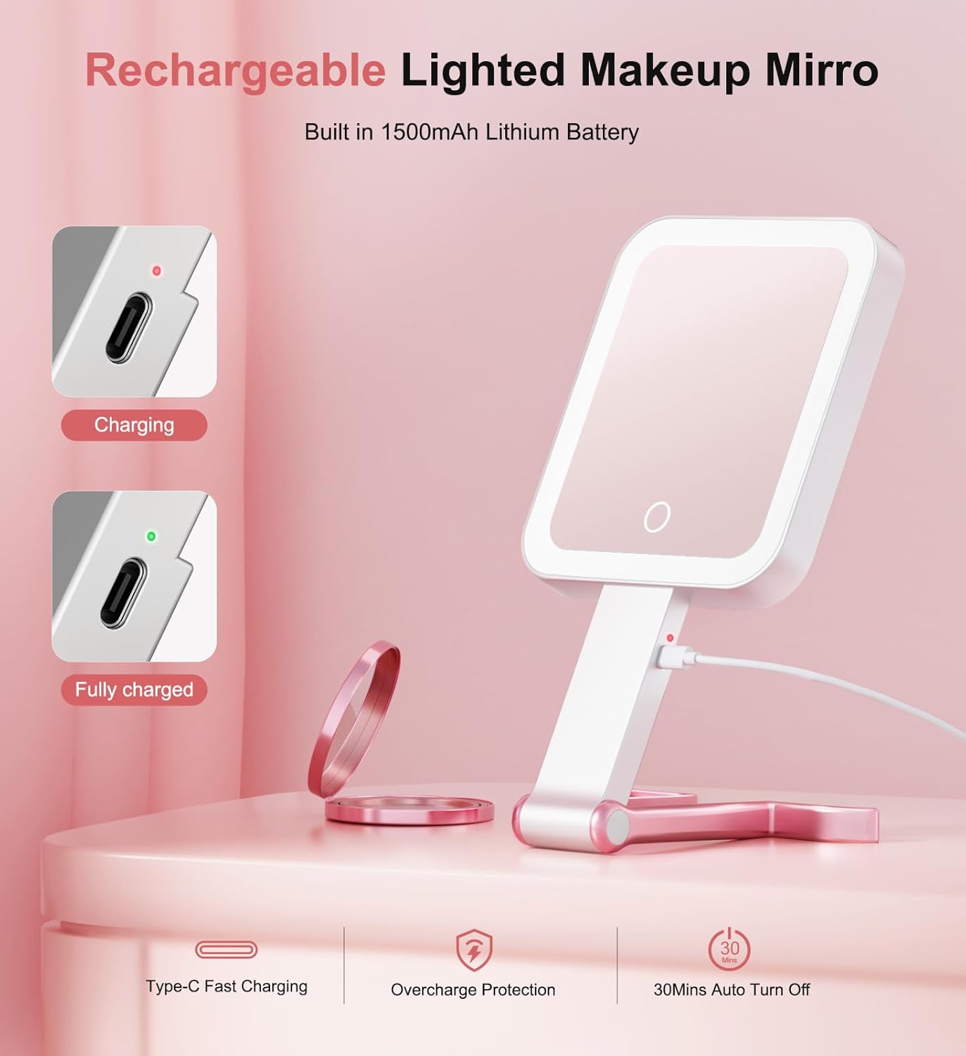 Skiennix Travel Makeup Mirror - 10X/1X Double-Sided LED Vanity Mirror with Rechargeable Battery & 3 Color Lighting