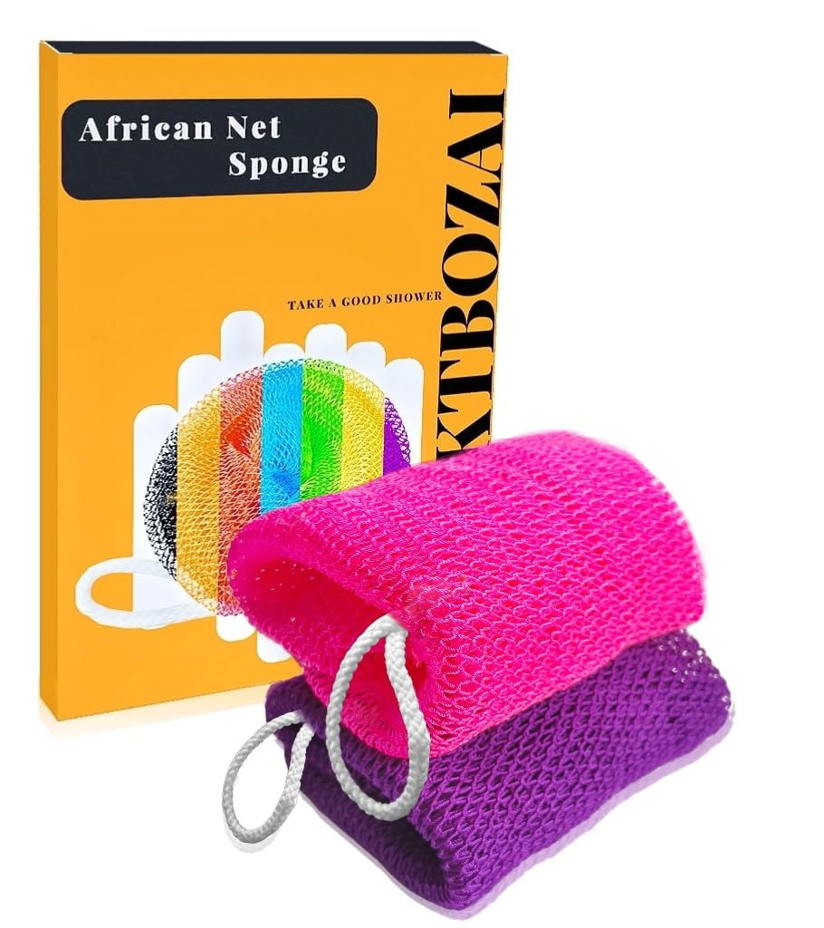 SPMKTBOZAI African Net Sponge Authentic, 2 Pieces African Exfoliating Sponge Real African Net Black Owned, African Bath Sponge Back Scrubber for Shower Loofah Bathing Accessories(Purple, Rose Red)