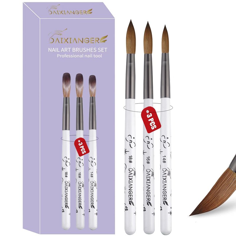 DAIXIANGER 3PCS Acrylic Nail Brush Set,Size 14/16/18 Professional Nail Brushes for Acrylic Application Extension and 3D Carving for Nail Home Salon DIY