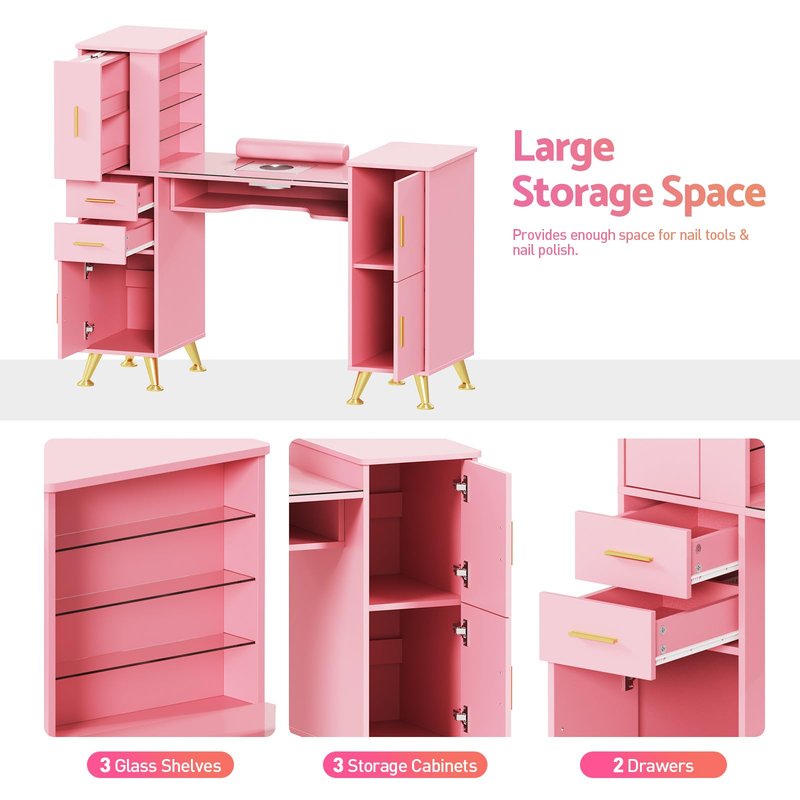 MOMOKOVA Manicure Table with Glass Top, Dust Collector and Storage, Display Shelves, 3 Drawers & 3 Cabinets, Nail Station Nail Desk Beauty Salon Workstation, Pink