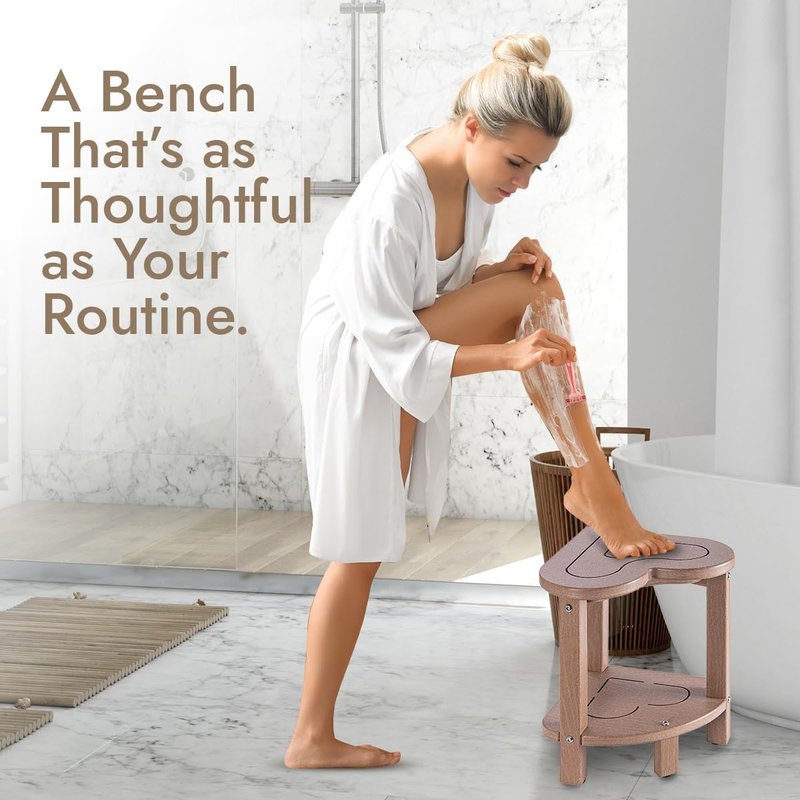 Corner Shower Stool for Inside Shower - Waterproof Corner Shower Bench, HDPE Plastic Bathroom Bench, Adjustable Height Corner Chair for Shaving Legs,Storage Shelf,Non-Slip Feet，Brown