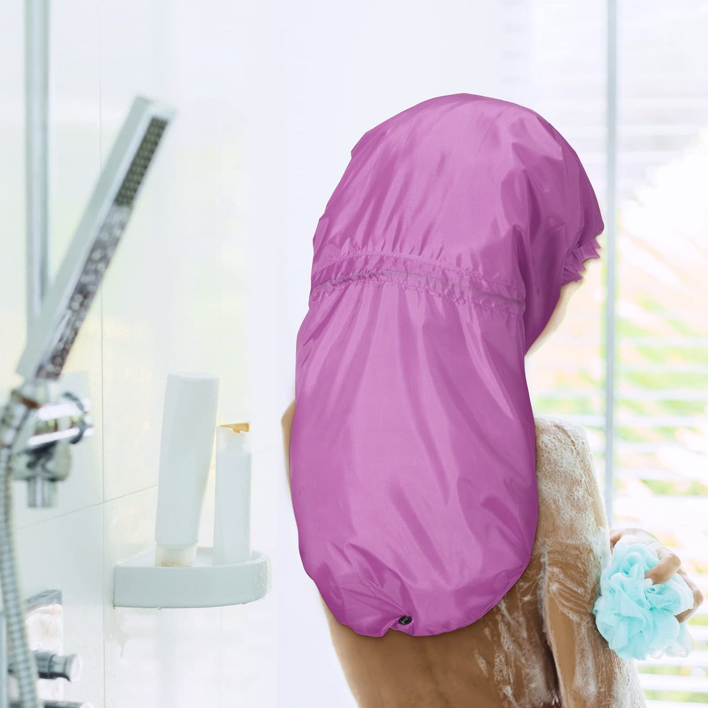 Eurzom 4 Pcs Large Shower Cap for Braids Extra Long Shower Cap for Women Long Hair Locs Foldable Waterproof Reusable XL Hair Bonnets for Dreadlocks Drawstring Bath Caps(Pink, Blue, Green, Purple)