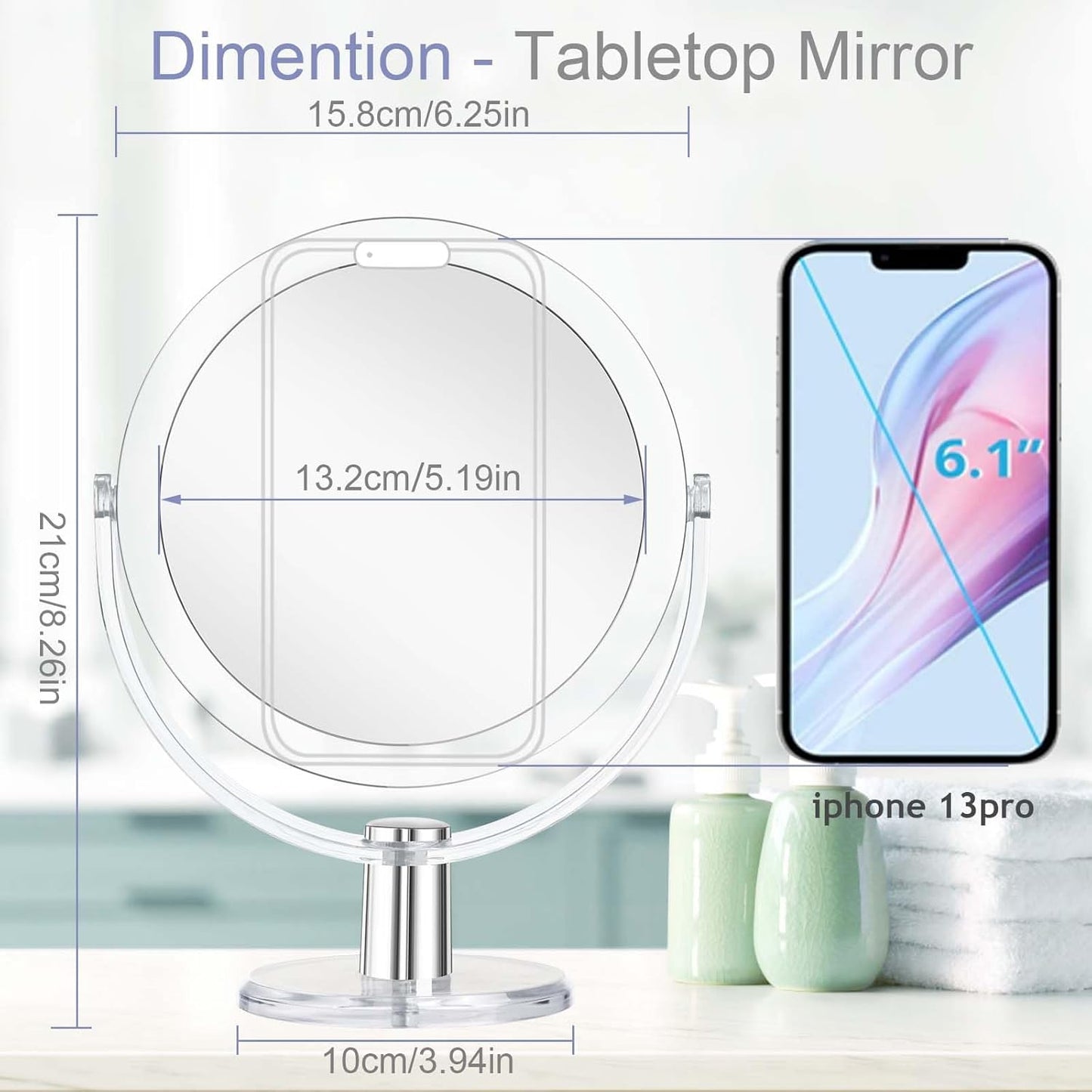 Vanity Makeup Mirror - 1X/15X Double-Sided Magnification | 360° Swivel, Portable Tabletop Design, 6.25 Inch