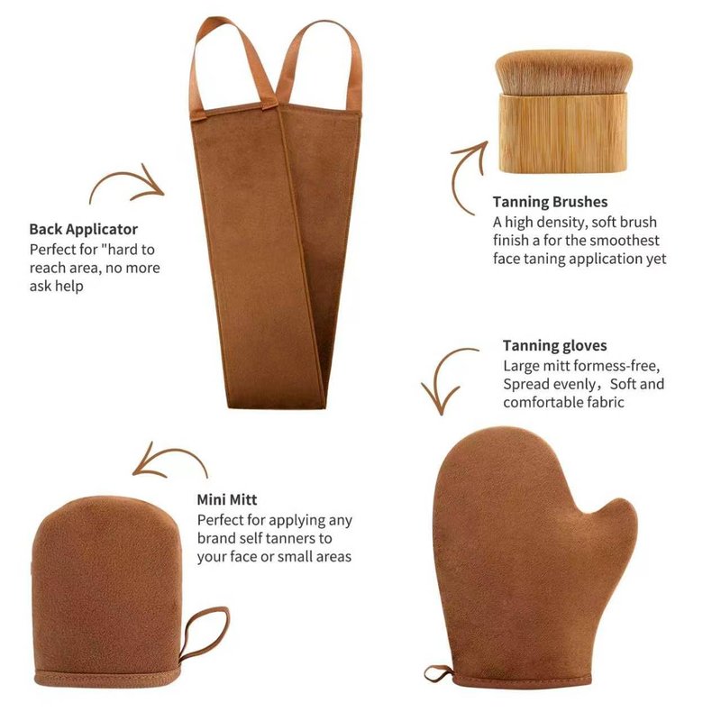 FUNAN Self Tanning Applicator Kit with Tanning Glove for Self Tan Mitt, Back Lotion Applicator, Mini Mitt and Ultra Soft Self Tanner Brush Bamboo Kabuki Brush, Brown