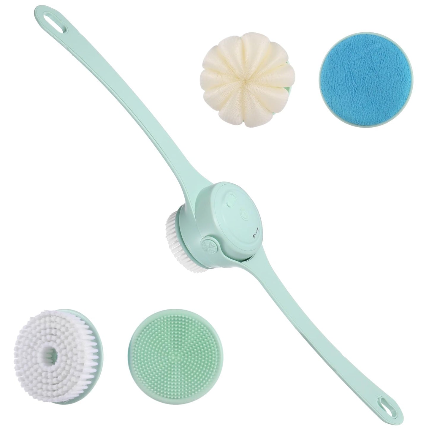 Electric Body Brush for Shower with 4 Replaceable Heads, 14.9 in Long Handle Back Scrubber, 2-Speed Adjustable Waterproof Power Body Scrubber, Rechargeable Bath Brush for Exfoliating and Cleaning