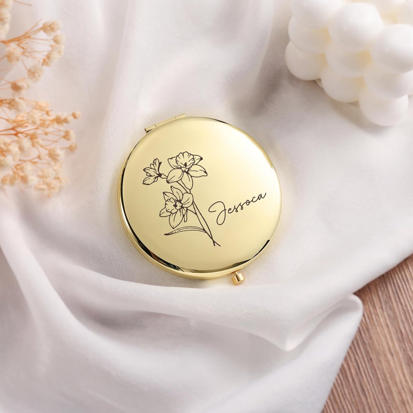Skiennix Personalized Compact Mirror - Custom Birthflower Travel Makeup Mirror for Women | Gold