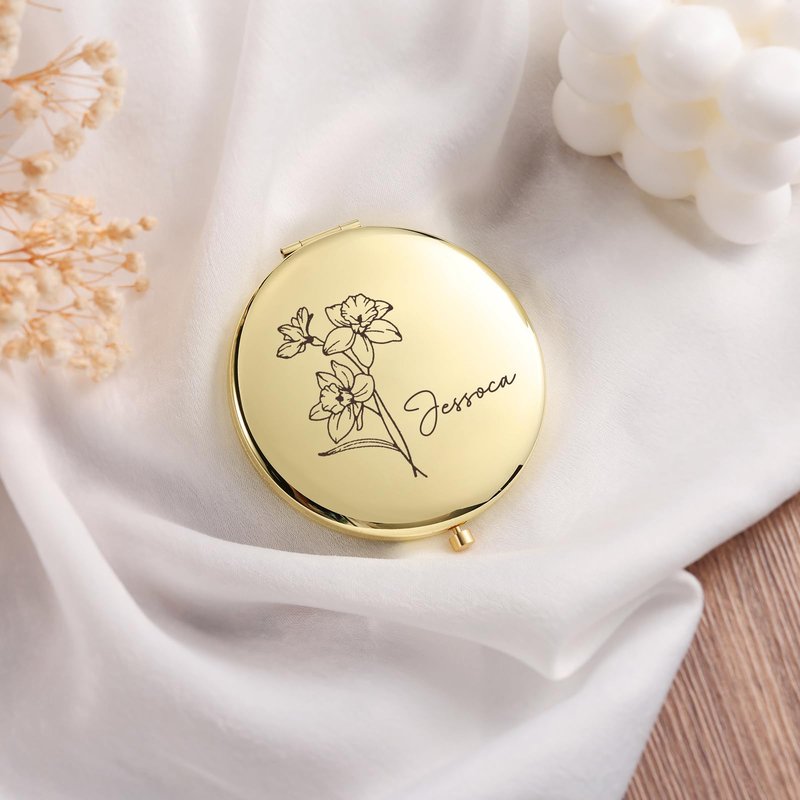 Rayiant Personalized Name Pocket Mirror with Birth Flower, Makeup Mirror for Travel, Ultra Thin Compact Vanity, Portable for Handbag, Purse, Travel Essential (A- Gold)
