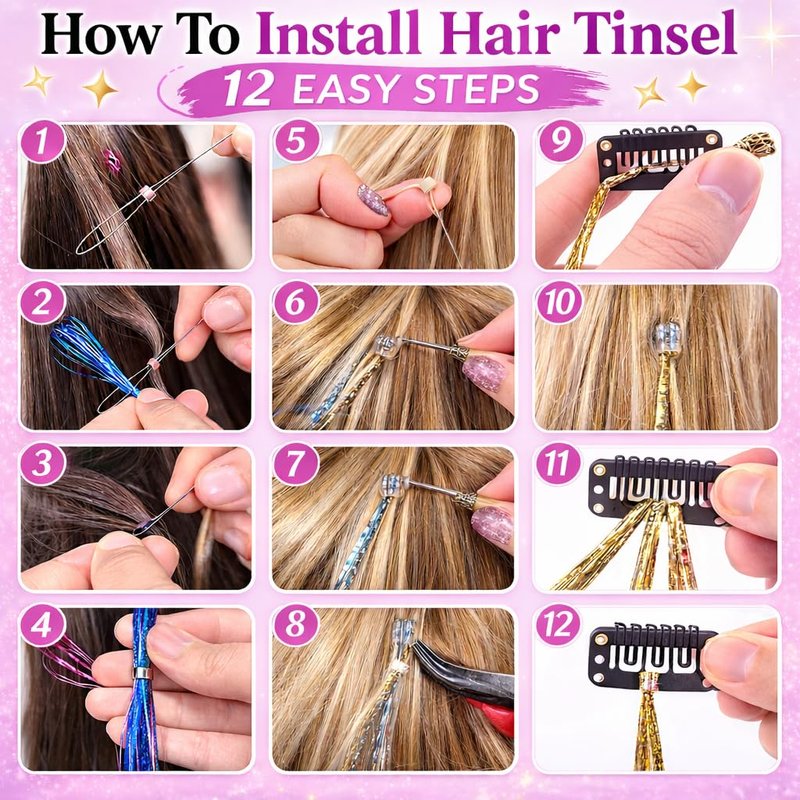 Skiennix Hair Tinsel Kit - 20 Vibrant Colors with Tools | 48-Inch Heat-Resistant Glitter Strands for Parties & Cosplay