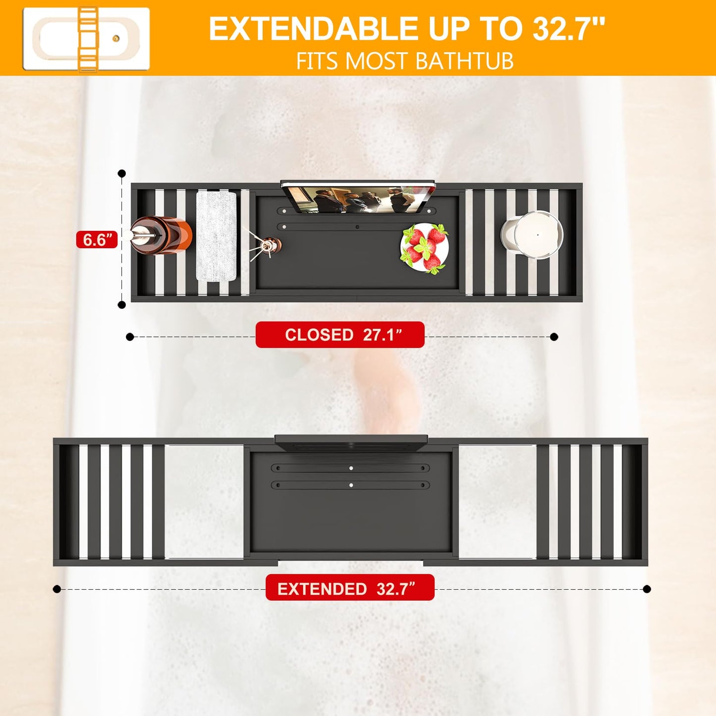 Bathtub Tray Black - Bath Tray Expandable - Bath Table Trays for Bathtub/Tub,Premium Bamboo Wooden, Fits Most Bath Tubs