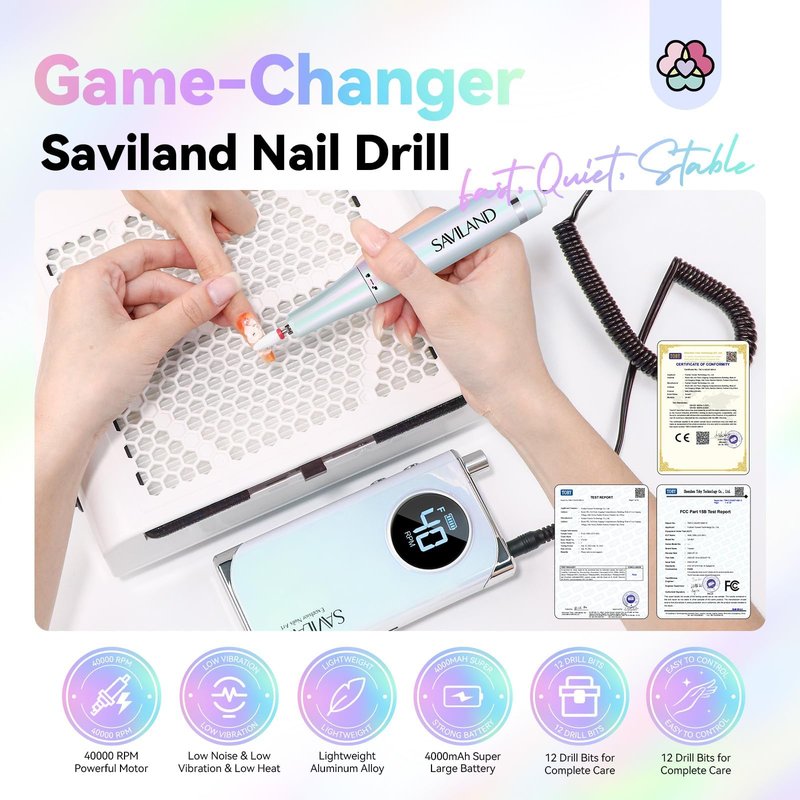 SAVILAND Nail Drill for Acrylic Nails Professional: 40000RPM Nail Drill 6000mAhm High Capacity Rechargeable Electric Nail File 13 Drill Bits for Nails Manicure Pedicure E File Sky Realm