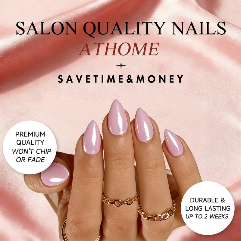 JOYVVEW Chrome Dusty Pink Press on Nails Short Almond, Glazed Gel Fake Nails with Glue for Women Wedding & Everyday, Reusable Handmade Thick Glue On Nails with High Gloss in 15 Sizes, 30 Pcs