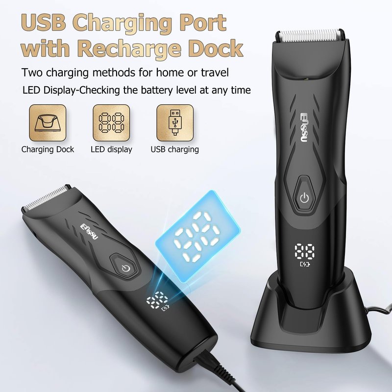ENSSU Manscape Body Hair Trimmer for Men, Pubic Groin Hair Trimmer for Men with Safe Blade, Cordless Ball Shaver w/Light, Charging Dock, Waterproof Body Groomer, LED Display, 1H Charge,Black