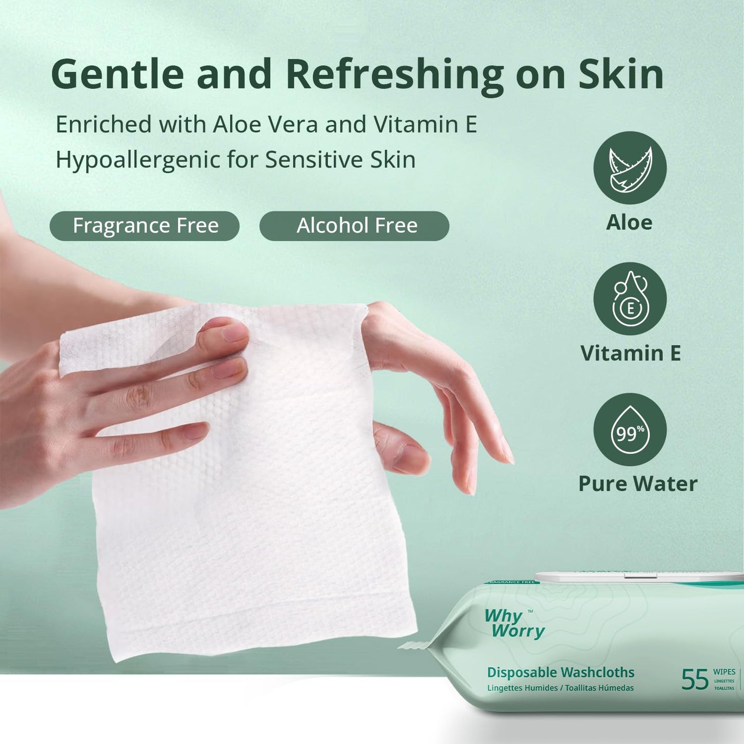 WhyWorry Wet Wipes for Adults, 8"x12" Extra Large Body Cleansing Wipes for Elderly & Incontinence, Extra Thick Adult Washcloths Disposable with Aloe & Vitamin E, Unscented, 220 Count (4 Packs of 55)