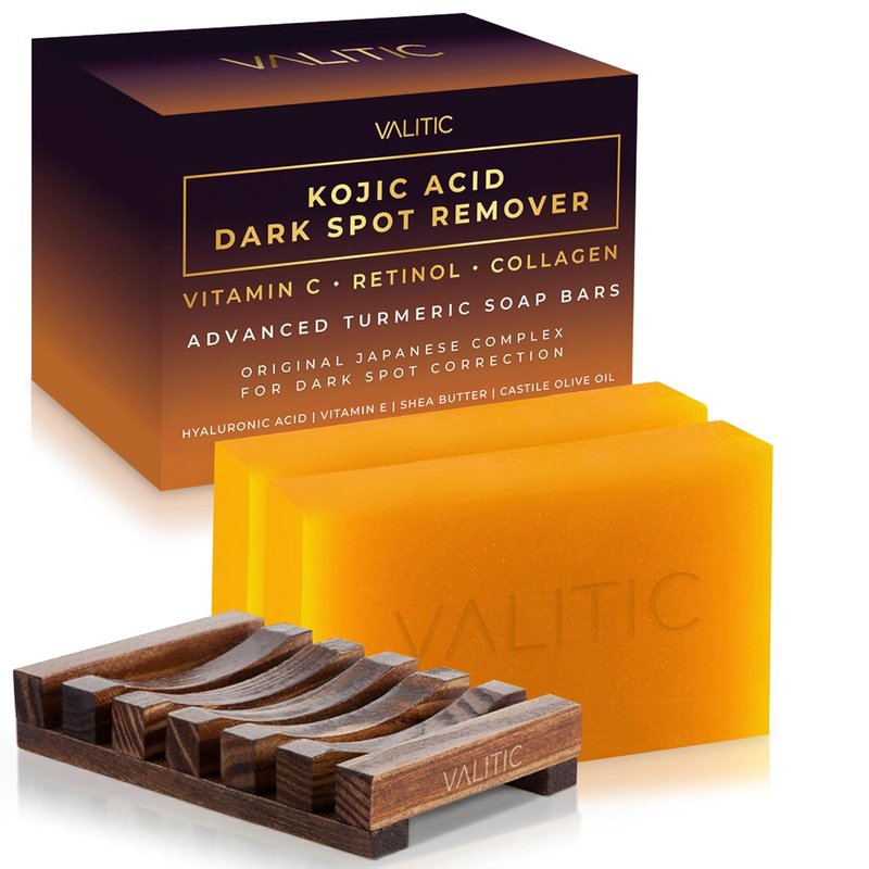 Kojic Acid Dark Spot Remover Soap Bars - Vitamin C & Retinol | Hyaluronic Acid, 2 Pack with Soap Holder