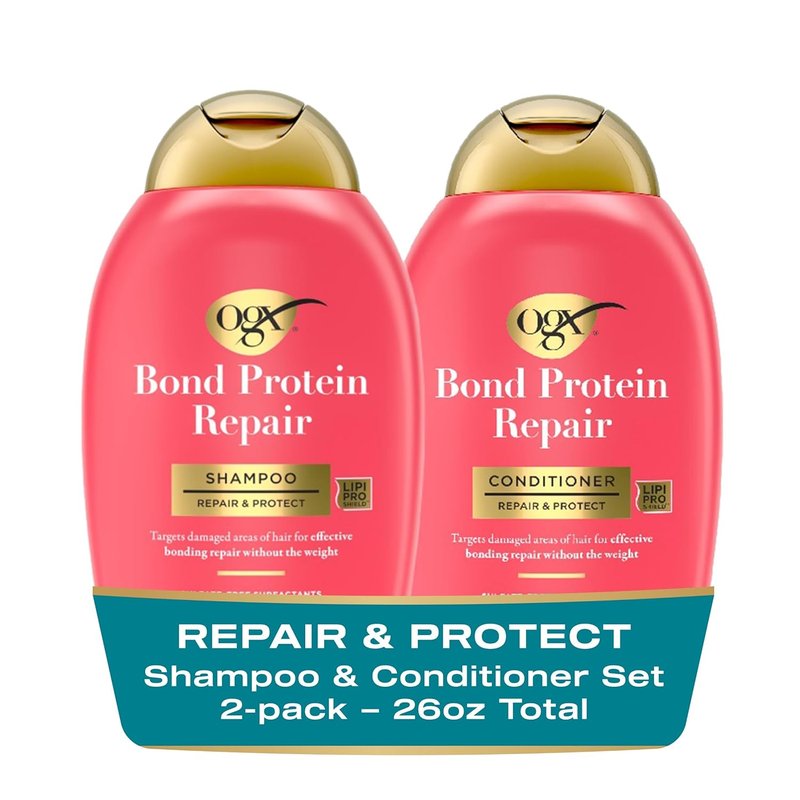 OGX Repair + Protect Bond Protein Shampoo & Conditioner Set - Sulfate-Free Hydration for Damaged Color-Treated Hair | 13 fl oz Each (Pack of 2)