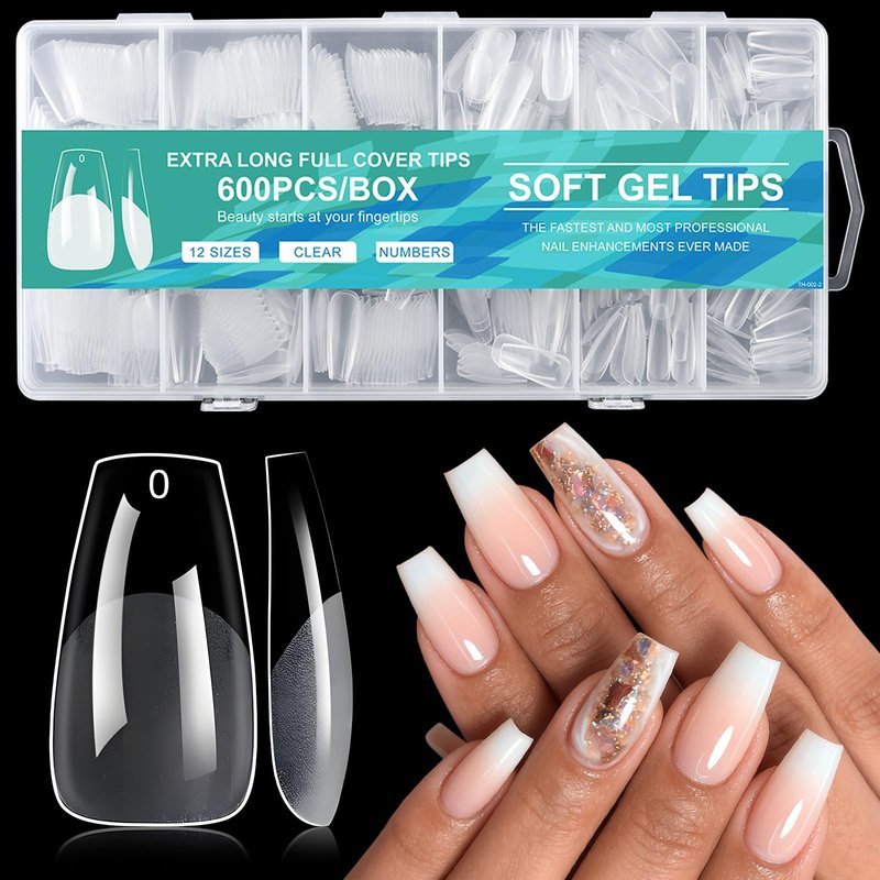 Bellelfin 600pcs Medium Coffin Nail Tips - 15sizes Full Cover Soft Gel Nails Tips,Medium Clear Press on Nails Coffin Fake Nails for Nail Extension Diy Home Nail Art