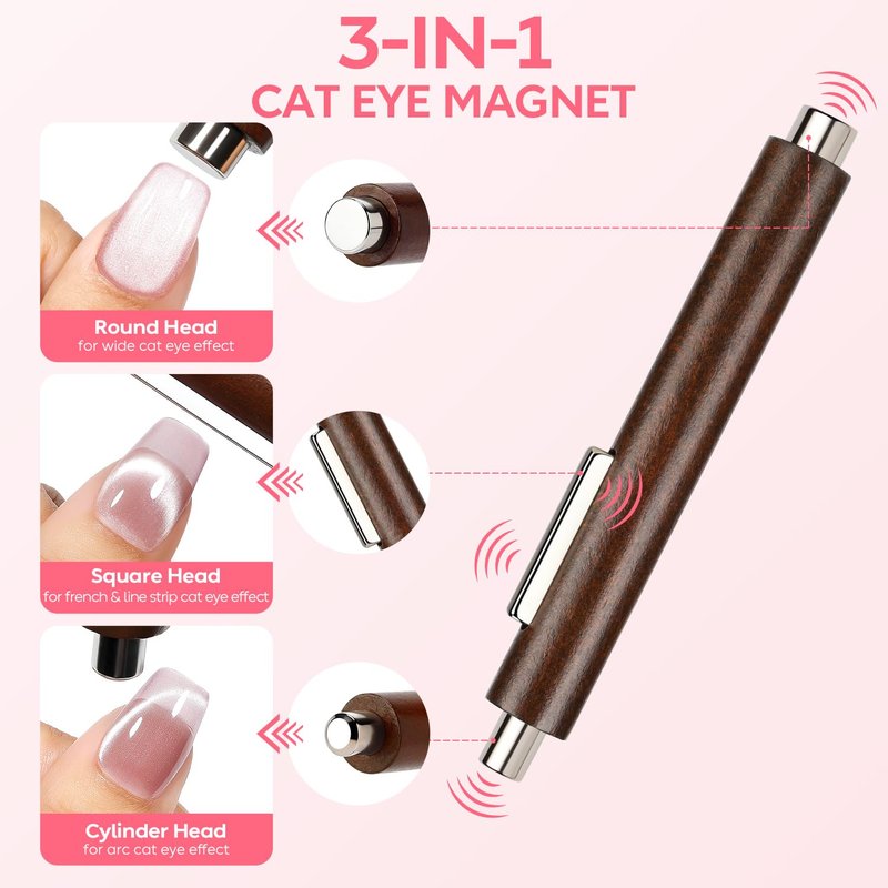 AIMEILI Cat Eye Nail Art Magnet Set - Strong 3-in-1 Wooden Handle with Flower, French & Heart Designs