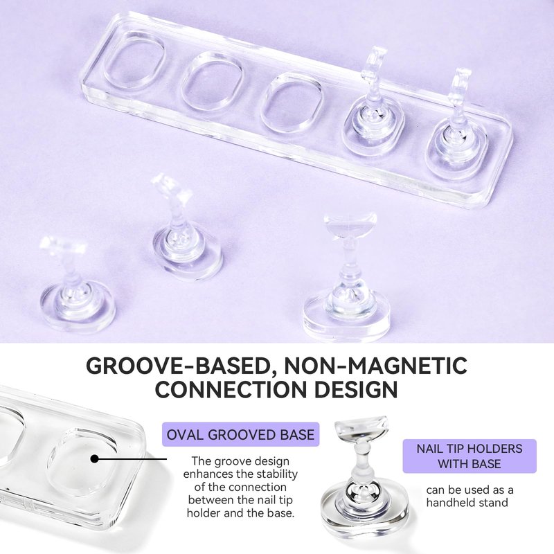 ESUOHYM Non Magnet Nail Stand for Press On Nails Holder Painting Practice Display Fake Nails, Nail Tip Holders with Oval Stand Base for Handheld Diy Design & 200pcs Double-Sided Tapes Home Salon