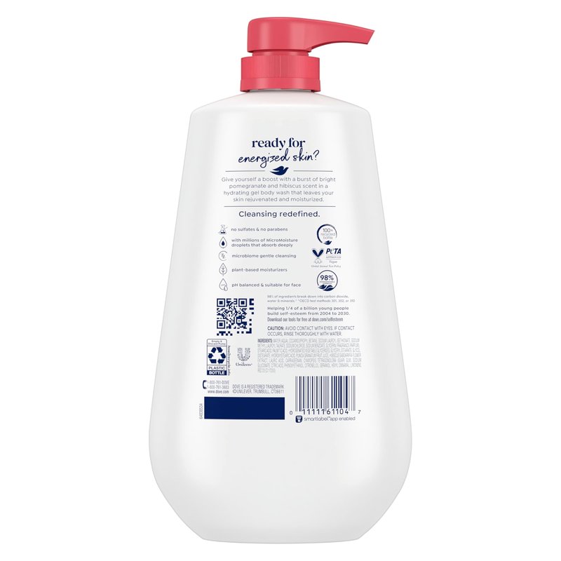 Dove Body Wash with Pump Rejuvenate Pomegranate & Hibiscus for 24hr Lotion-Soft Skin Moisturizing Skin Cleanser with No Sulfates No Parabens 30.6 Oz