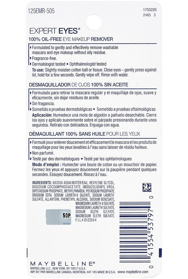 Maybelline Expert Eyes Oil-Free Eye Makeup Remover - Gentle Formula for Washable Makeup | 2.3 fl. oz.
